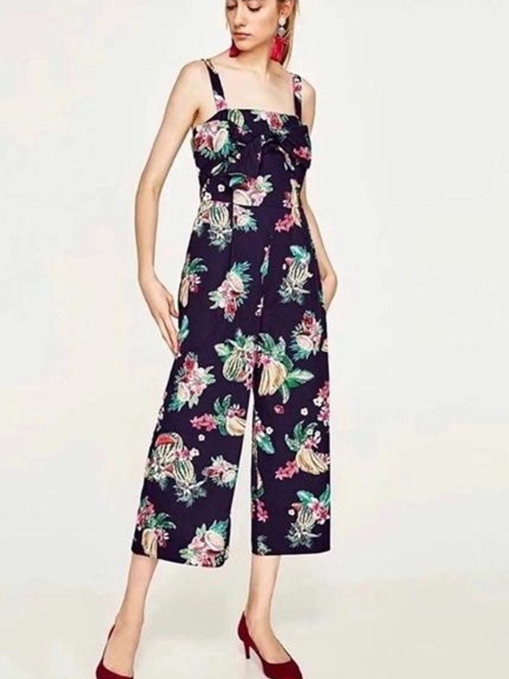 Zara Floral Fruit Cropped Bow Jumpsuit Navy Large